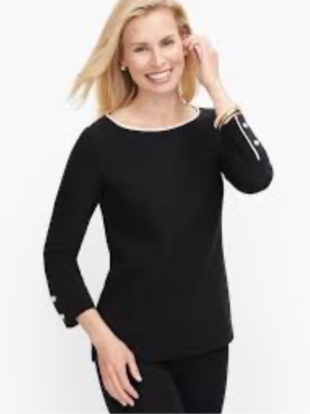 NWT Talbots Pearl Button Cuff Top Black White Piping Boatneck Blouse Medium